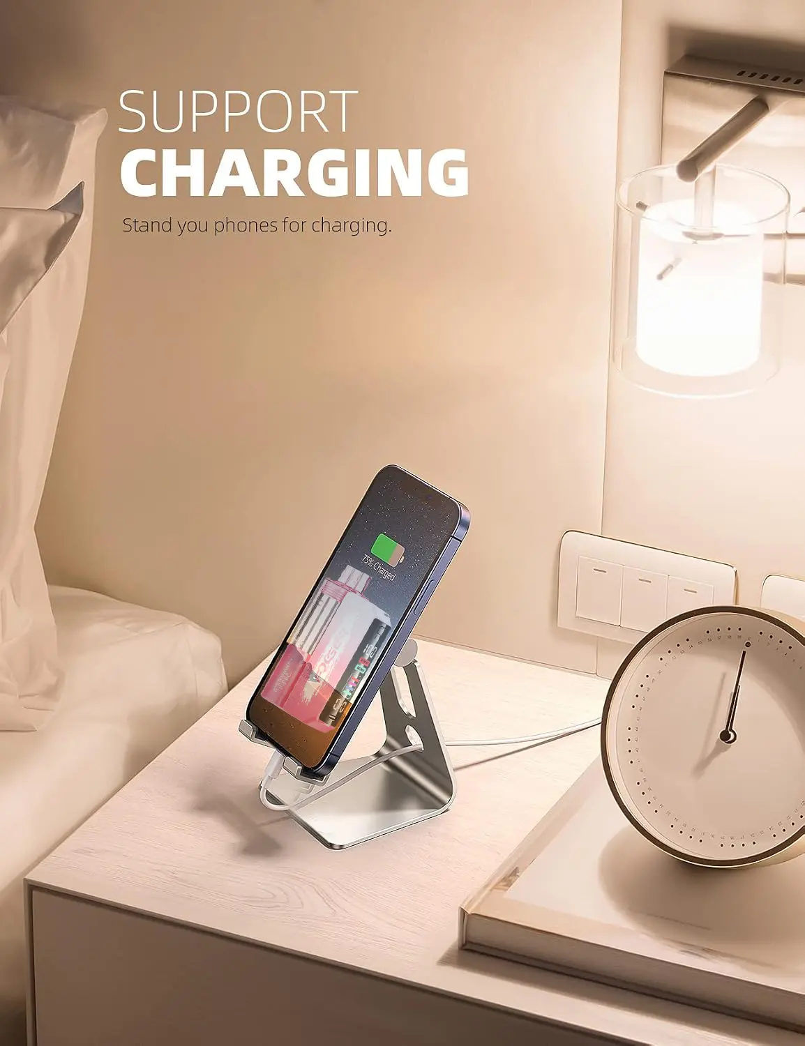 FOGER Cell Phone Stand for Desk, Adjustable & Foldable Phone Holder Angle Height Aluminum Cell Phone Stand, for iPhone Stable Anti-Slip Base, Case Friendly for iPhone 17 16 15 14 Pro Max, Office Desk Essential Cellphone Smartphone Mount