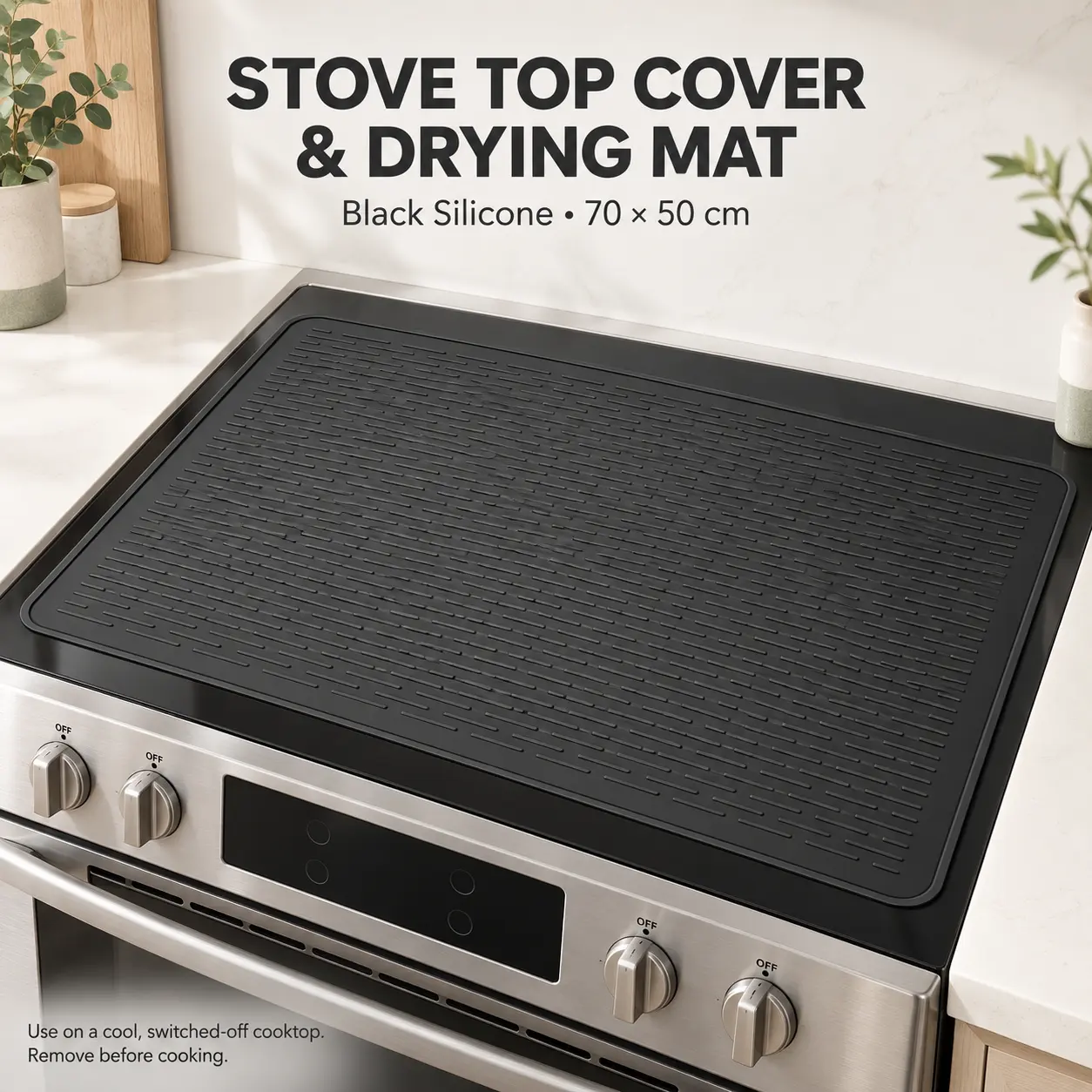 Black Silicone Stove Top Cover & Dish Drying Mat, 27.6 x 19.7 in (70 x 50 cm), Glass Cooktop Protector with Raised Edges, Rollable Kitchen Counter Mat