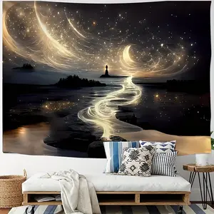 Sparkling Starry Sky Lake Surface Landscape Wall Hanging Tapestry Polyester Tapestry For Living Room, Bedroom, Dormitory Decor, Party Decoration, Indoor And Outdoor Tapestry, Festival Birthday Gift For Men And Women pink tote lids Home Goods Luxury