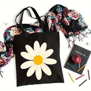 Women's Reusable Tote Bag - Black with White Daisy Flower Design, Machine Washable Stylish Handbag for Shopping, Work, Travel & Daily Use, Strong Handles, Fashion Lovers