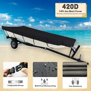420D Heavy Duty 14ft Trailerable Jon Boat Cover Waterproof All-Weather Protection with 9 Adjustable Straps & Tear Resistance for Secure Fit