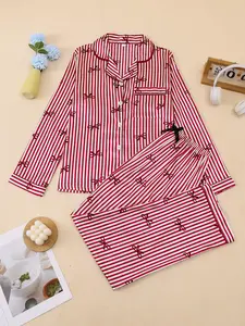 Women's Cute Bow Print Pajama Set, Long Sleeve Lapel Button Top & Elastic Pants, Comfortable Loungewear for Spring & Fall