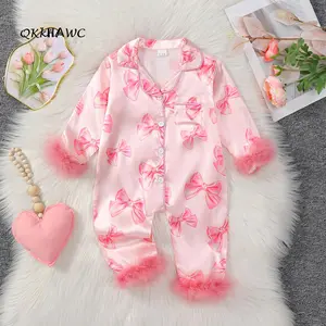 Baby Girls Pajamas, Long Sleeve Bow Print Furry Patchwork Button Closure Jumpsuit Sleepwear Loungewear