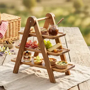 Foldable 3-Tier Wooden Tray Stand, Space-Saving Multi-Tier Display Rack, Collapsible Fruit Basket Organizer Shelf for Kitchen Counter, Dining Table, Pantry