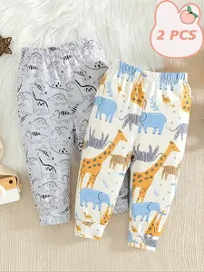 [2-Piece Set] Valentine's Day Gift, Baby Boys' Animal Print Pants (0-3Y), Cute Fun Style, Dinosaur & Giraffe-Elephant Designs, Ideal for Home, Outdoor Matching & Daily Leisure