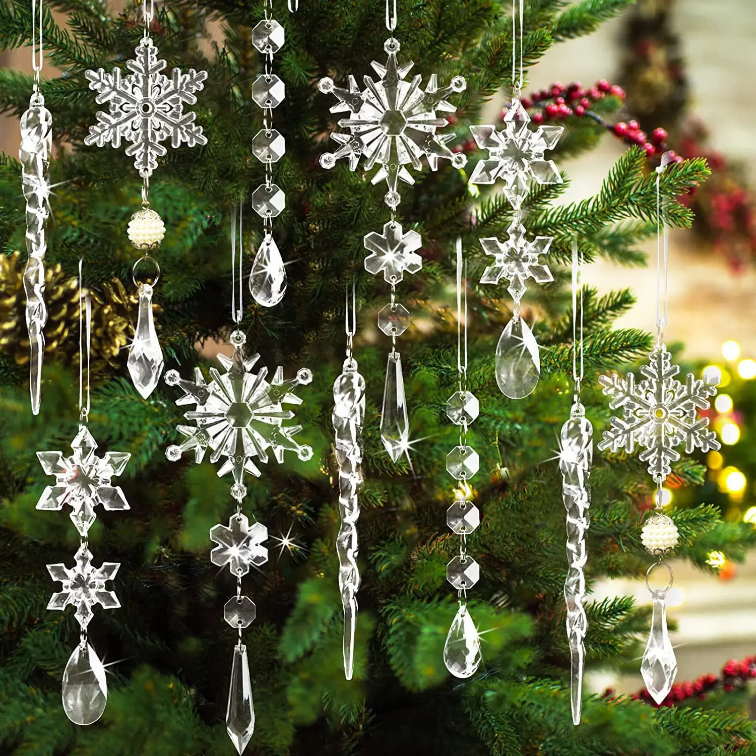 10-Piece Crystal Icicle Snowflake Christmas Ornaments, Geometric Ornaments, Transparent Acrylic Decorations for Tree & Home Decoration, No Power Needed