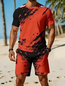 Red and Black Starburst Splatter 3D Digital Print Two-Piece Set, 2Pcs, Trendy and Fashionable Set, Trendy Retro Casual Two-Piece Set, Vacation-style Trendy Outfit, Breathable Sports Casual Style, a Perfect Holiday Gift for Men