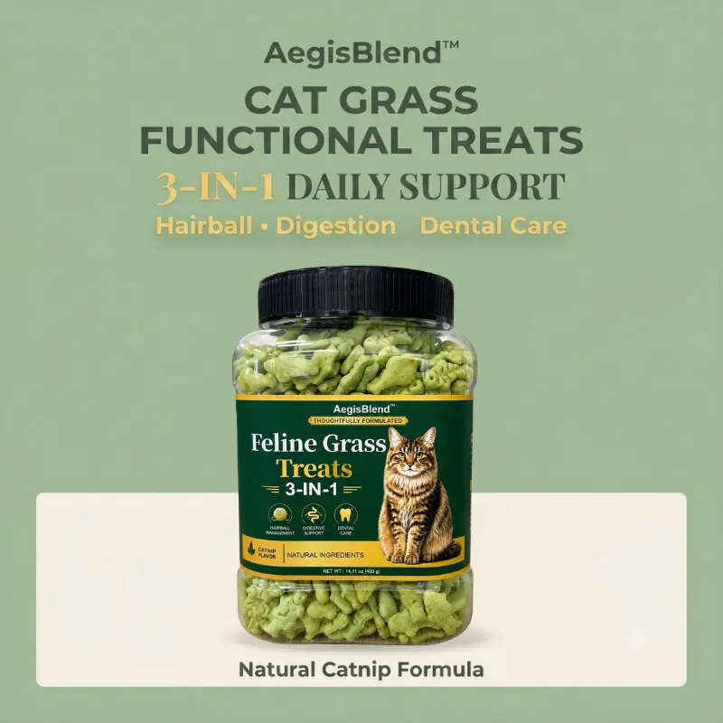 AegisBlend New Launch • Limited Time Only  Cat Grass Treats 400g Large Value Pack for Multi Cat Households Hairball Control Digestive Support Dental Care Crunchy Catnip Flavor with Probiotics Daily Cat Health Supplement Snack