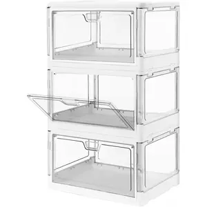 3-Pack Clear Stackable Storage Bins with Lids Magnetic Doors Open Front Foldable Folding Plastic Craft Containers Large Closet Organizers Box for Bedrooms Living Roo