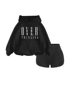 Fun Letter Print Casual Set for Women, Spring & Fall Hooded Sweatshirt with Long Sleeve, Kardashian Style Yoga Shorts for Fitted Look