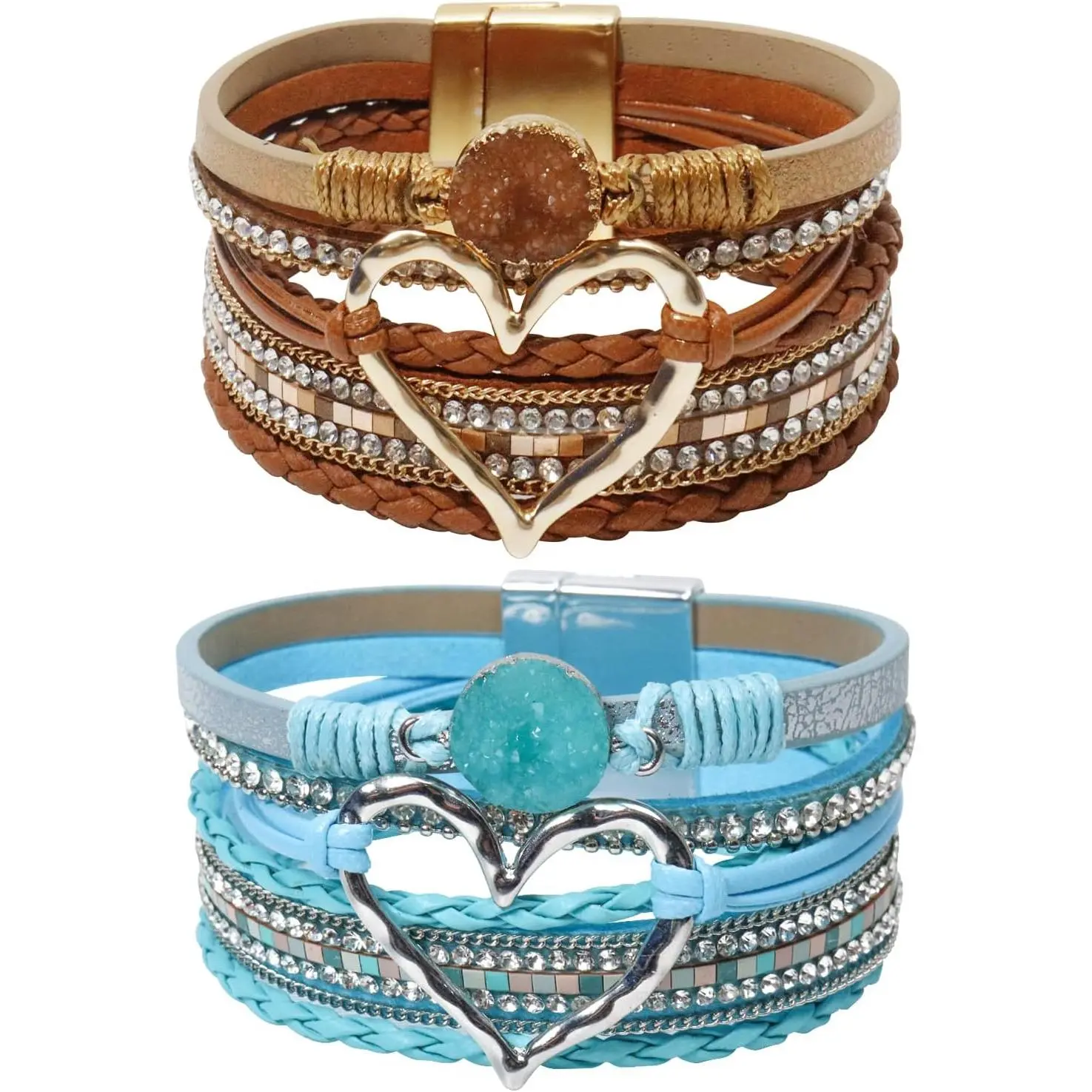 2Pcs Leather Wrap Bracelets for Women, Multi-Layer Leather Bracelets with Strong Clasp, Stack Boho Leather Bracelets for Women Valentine's Day Gift