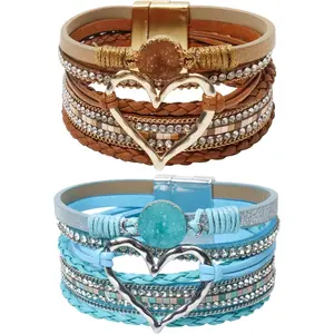 2Pcs Leather Wrap Bracelets for Women, Multi-Layer Leather Bracelets with Strong Clasp, Stack Boho Leather Bracelets for Women Valentine's Day Gift