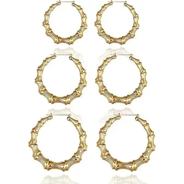 Veliora Gift B Metal-Coated Bamboo Hoop Earrings for Women, 90s Street Style Accessories, Lines Design, Costume Jewelry for Thanksgiving/Mother's Day Parties, Gold Large Hip Hop Stud Complement Jade Money Bracelet Outfits