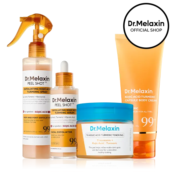[Dr.Melaxin Official] Kojic Acid Turmeric Face & Body Glow Set, 4-Piece | Face Ampoule, Toner Pad, Body Spray & Capsule Body Cream | Dark Spot & Uneven Tone Care, Brightening | Korean Skincare