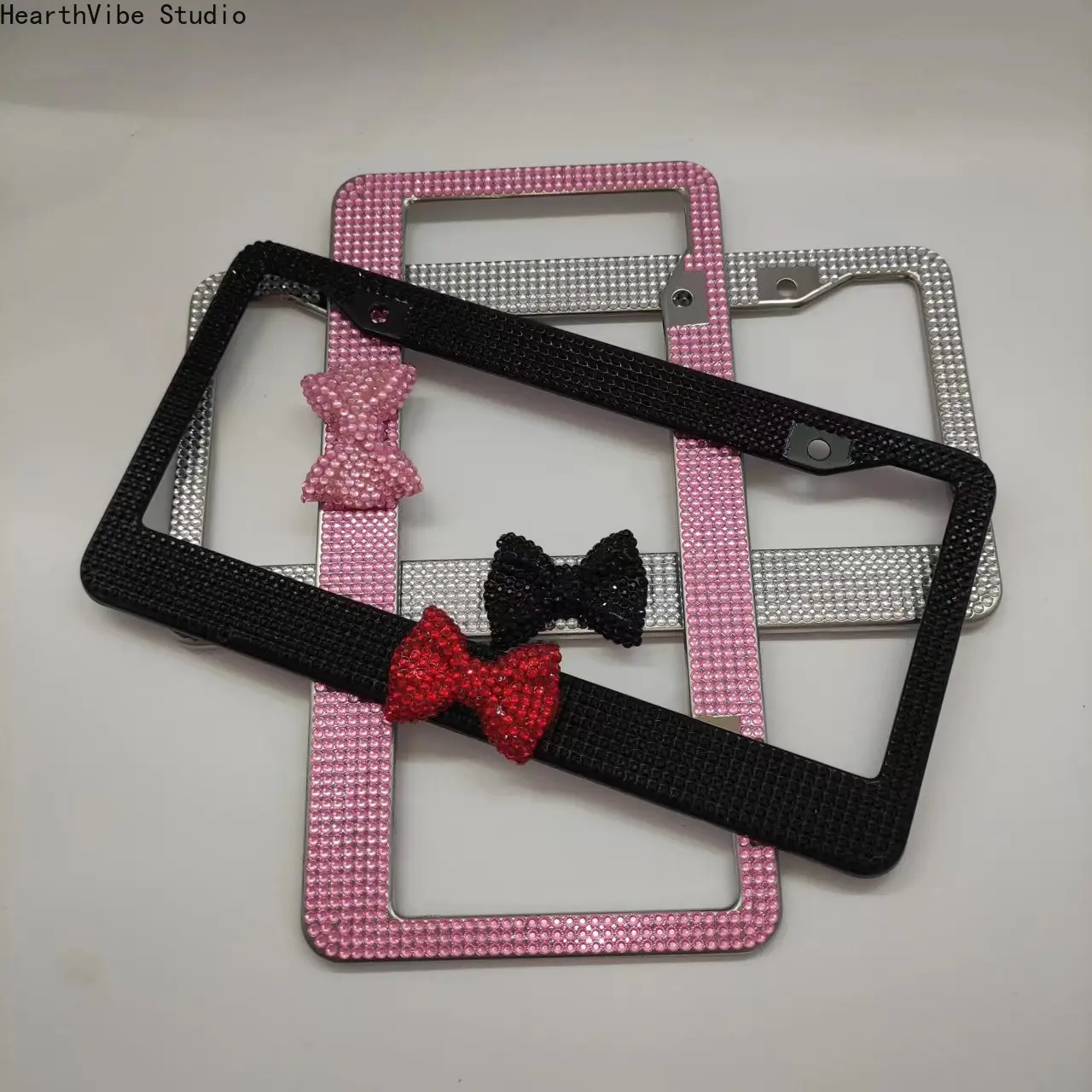 Women's Bling Pink Rhinestone Bowknot License Plate Frames, Sparkly Stainless Steel Universal US Standard Girly Car Accessory Women's Bling Pink Rhinestone Bowknot License Plate Frames, Sparkly Stainless Steel Universal US Standard Girly Car Accessory