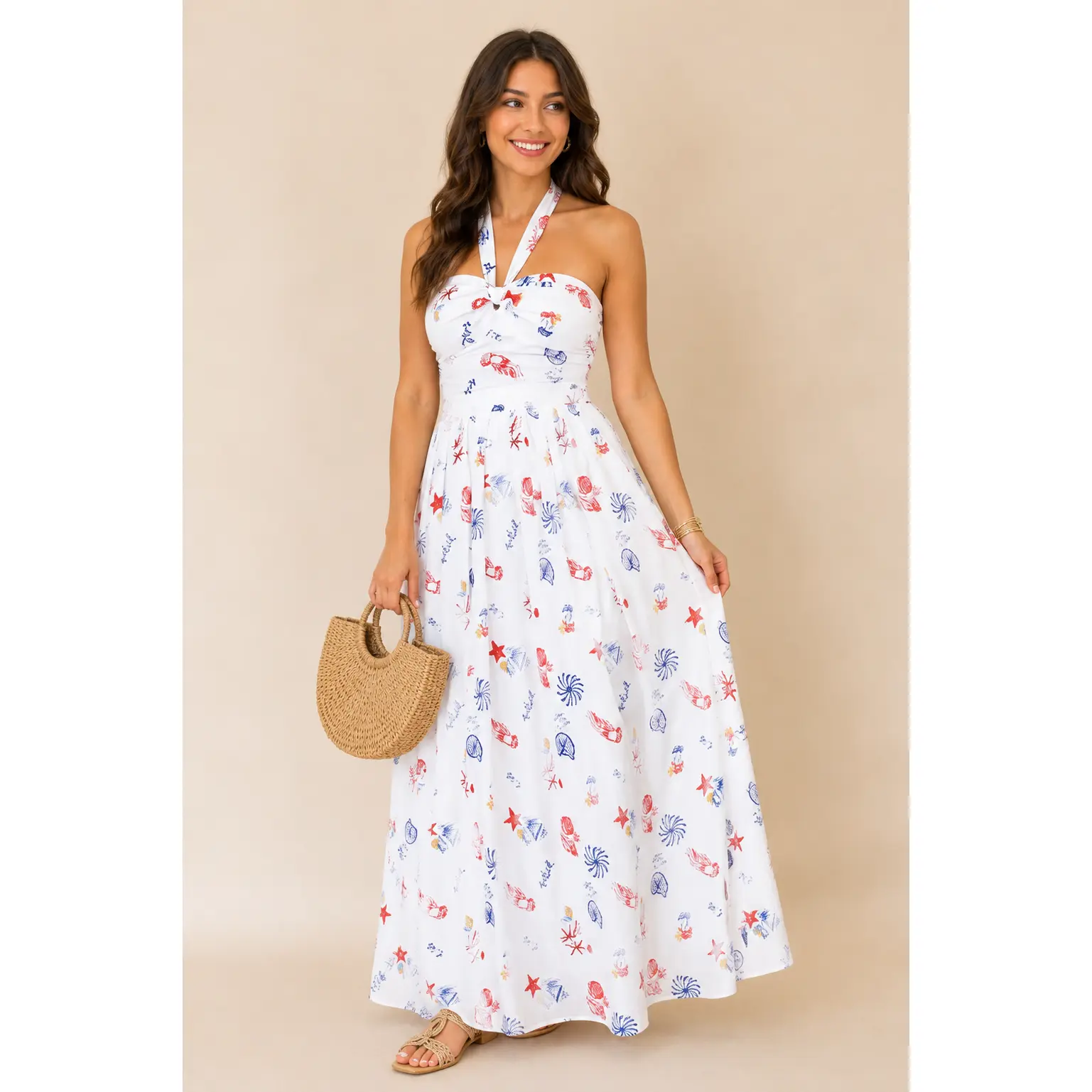 Women's Breathable Halter Print Elastic Boat-Style Regatta Midi Casual Dress with Skirt Design