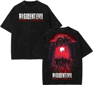 Resident Evil Welcome To Raccoon City Graphic T-Shirt - Classic Menswear Short-Sleeve Soft Acid Wash Oversized Vintage Heavyweight Cotton Tee, Dark Fantasy Survival Horror Streetwear Zombie Gamer Apparel, Loose Retro Fit Casual Top for Men