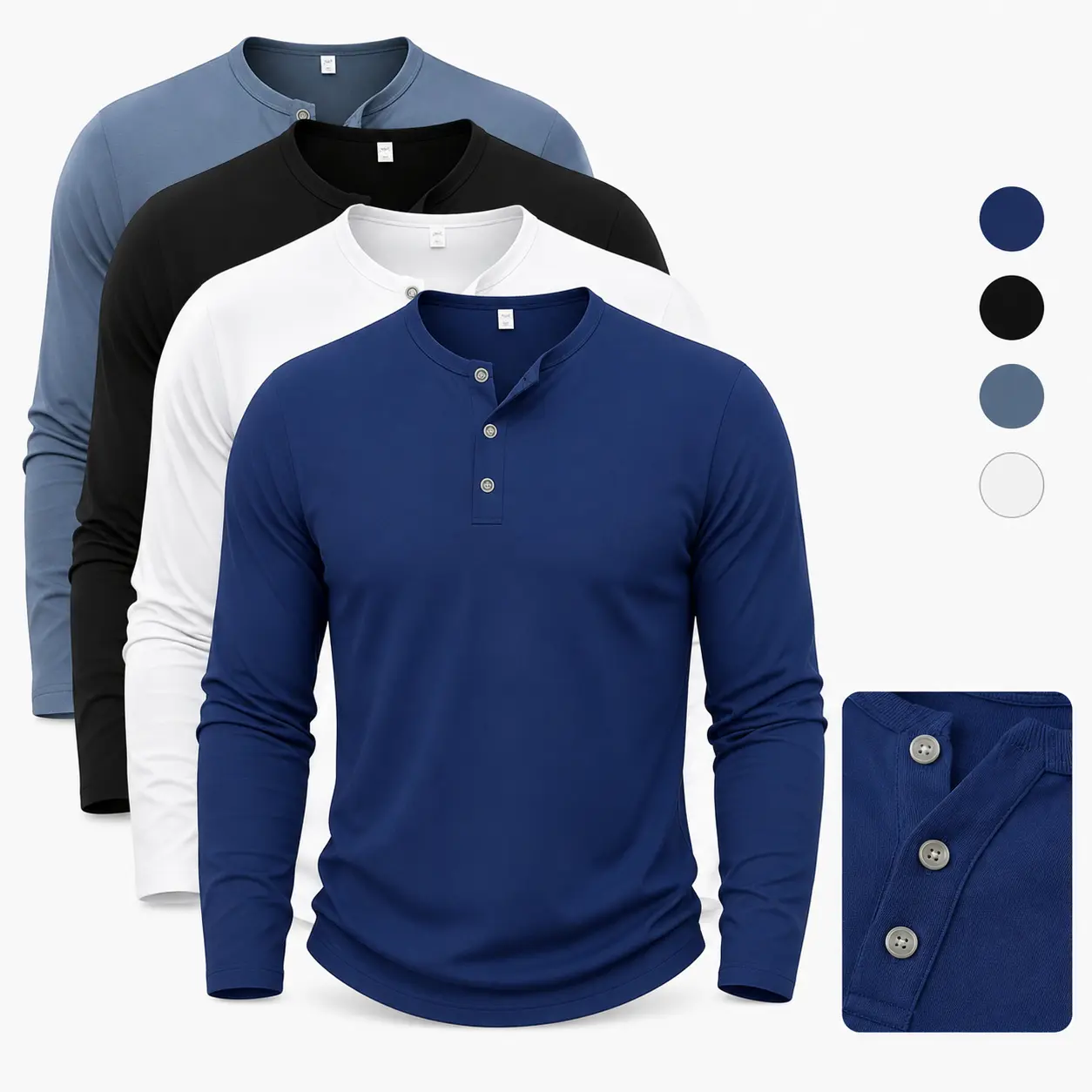 Men's Henley Long Sleeve Shirts, 3‑Button Placket Crew Neck Casual Tees, Soft Stretchy Slim Fitted Basic Undershirts, Lightweight Breathable Daily Layering Tops, Versatile Office Workout Transition Shirts for Men, Mens Multi‑Color Solid Henley Ba Biker