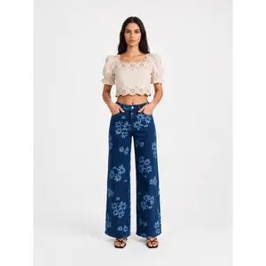 Magic ONESO Front Pocket Design Mid-low Rise Baggy Jeans Stretchy Wide Leg for Women Distressed Pants Light Blue/Dark Blue Womenswear Bottom 8001 Lady Basic Minimalist Comfortable Denim Tummy Control Curve Hugging Plus Size Regular Size BBL