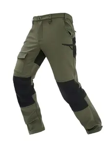 Men's Thick Tactical Work Pants, Multi-Pocket Fleece Straight Leg, Color Block Design, Waterproof Surface, Winter Hiking Travel