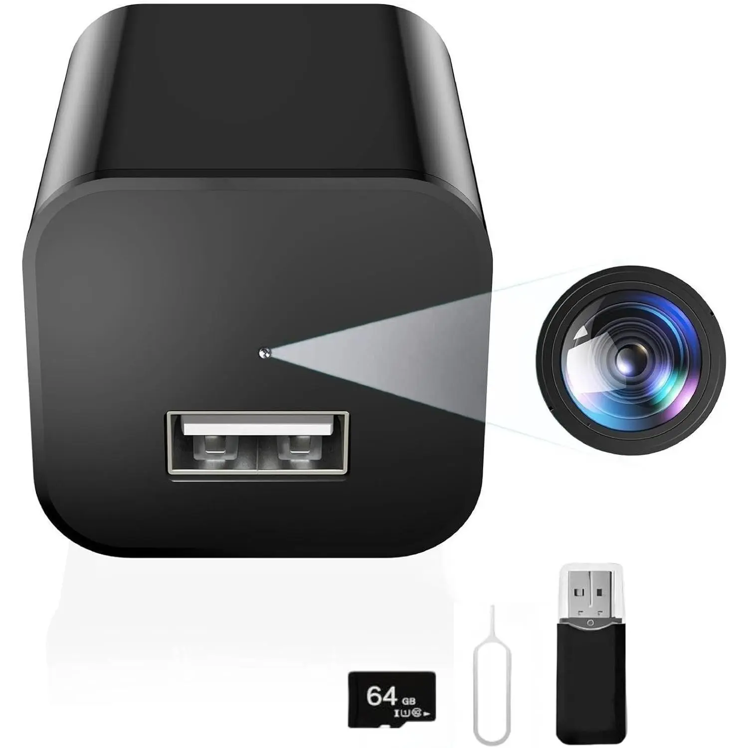 Mini Camera with 64G Card 1080P Small Security Camera Charger with Motion Detection for Indoor (No WiFi)