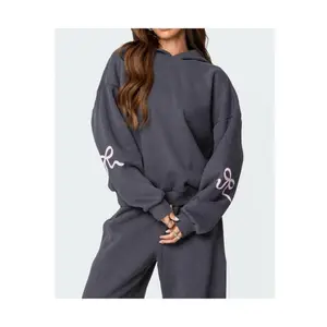 Bonney Bow Detail Hoodie... Soft Women’s Casual Lounge Wear — Cute Embroidered Grey Set, Pink Suit, Long Sleeves, Comfortable Fit, Basic Minimalist Style