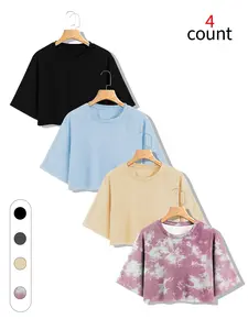 Women's Crop Top Tee Set, Oversized Crew Neck Short Sleeves, Soft Breathable Fabric, Trendy Tie-Dye & Solid Colors, All-Day Comfort