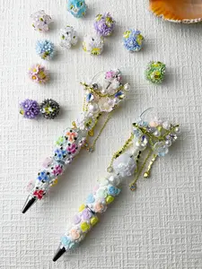 Alloy Elegant Floral Bead Focal Beads, Cute Acrylic Flower with Bee Floral Ball Beads Set,  DIY Supplies, Fancy Beaded Pens,Flower Ball Beads for Pens Colorful 3D Rose with Diamond Beads Polymer Clay Flower Spacer Craft Bead for DIY Craft Beadable Pens