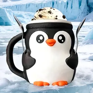 3D Printed Ice Cream Pint Cup Holder – Fits Standard Pint Cups – Dual Scoop Slots – Keeps Hands Warm – Fun and Unique Design with Bright Colors – Reusable Ice Cream Cover – Ramen Noodle Holder (Penguin Style)