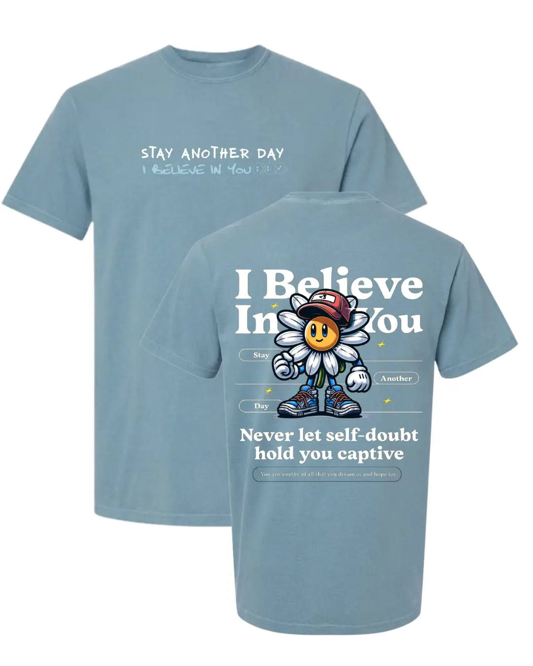 Stay Another Day Men's Unisex Premium Collaborative Cotton Crew Neck Short Sleeve Top Tee - Daisy Print, Hope Message, Wave Design, Loose-Fit, Casual Wear, Selfcare, Students