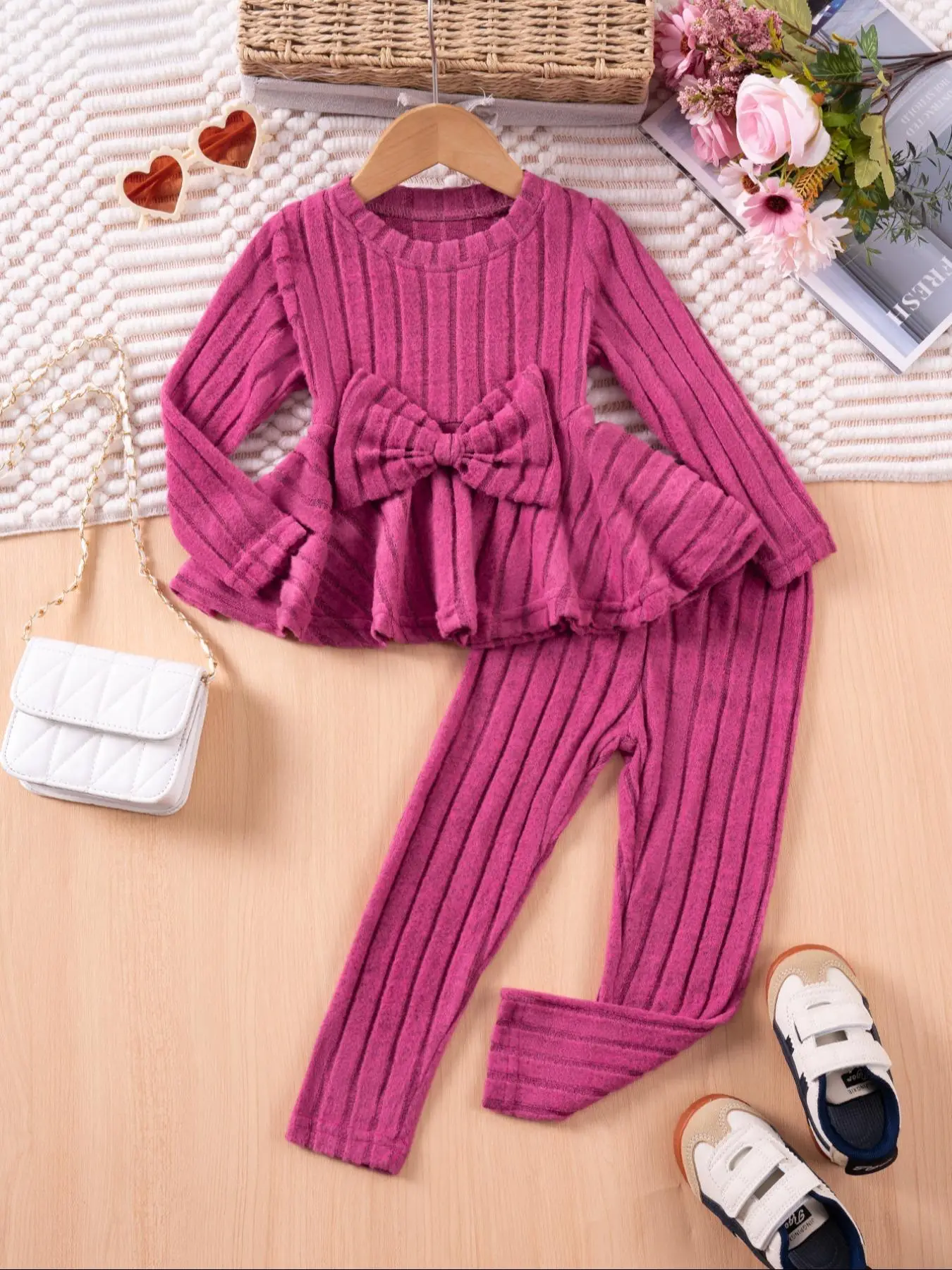 Toddler Girl's Plain Bow Front Peplum Tee & Elastic Waist Pants Set, Casual Long Sleeve Top & Trousers, Kids Spring & Fall Clothes for Daily Wear, Clo