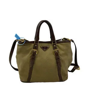 Pre-owned PRADA Vintage Khaki Canvas & Leather Trim 2 Way Tote Bag/WJ04120444/0444