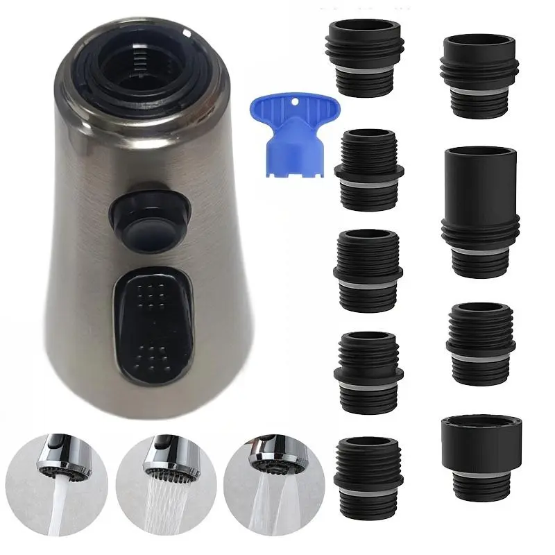 Stainless Steel Kitchen Faucet Head Replacement, 1 Set 3 Spray Modes Water Saving Faucet with 9 Adjustable Nozzles, Easy Installation Faucet for Sink & Bathroom