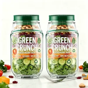 Portable Salad Jar with Side Opening for Lunch - Leakproof Dressing Container with Lid, Give away forks，Microwave & Dishwasher Safe Mason Jar for Meal Prep, Travel, Office & Home Use