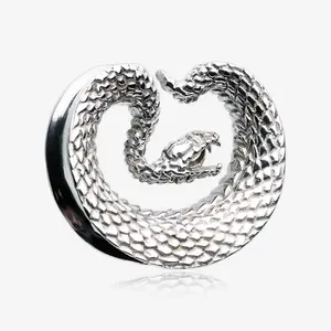 White Brass Vicious Viper Snake Saddle Tunnel Plug - 2 Pack for Stretched Earlobes - Sharp Fang-Ed Bite Style Piercing Jewelry