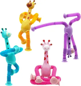 Pop Tube Giraffe Toy, 4 Pack Telescopic Suction Cup Giraffe Toy, Stretchy Giraffe Suction Toy, Pop Tube Fidget Toys (4 Pack)