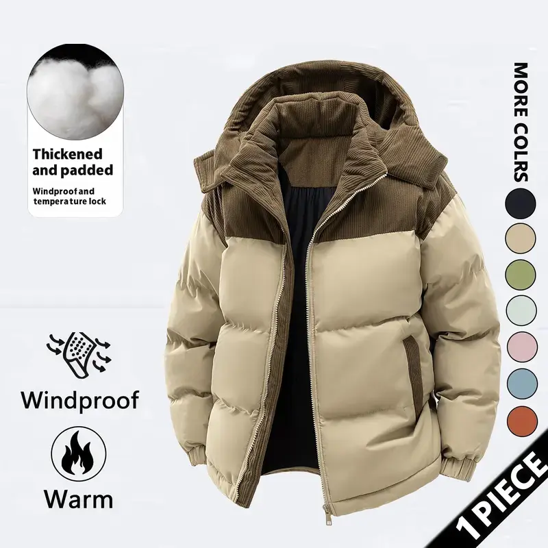 Men’s winter jacket, color-block hooded fleece jacket for everyday casual wear, detachable hood, windproof padded design, thick and warm, anti-cotton shedding, versatile style – fashionable couples’ edition