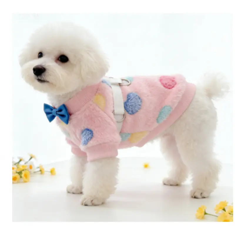 Cozy Flannel 1-Piece Thick Fabric Pet Vest - Rabbit Bow Tie Design, Leash-Compatible, Keeps Warm, Pink Heart Print Cow Hoodie Costume for Teddy Bichon Pomeranian Dogs & Cats