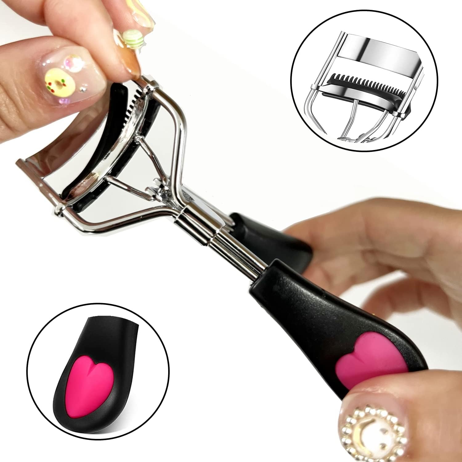 Stainless Steel Eyelash Curler with Comb Pain Free Lash Curler with 5 Silicone Refill Pads Black