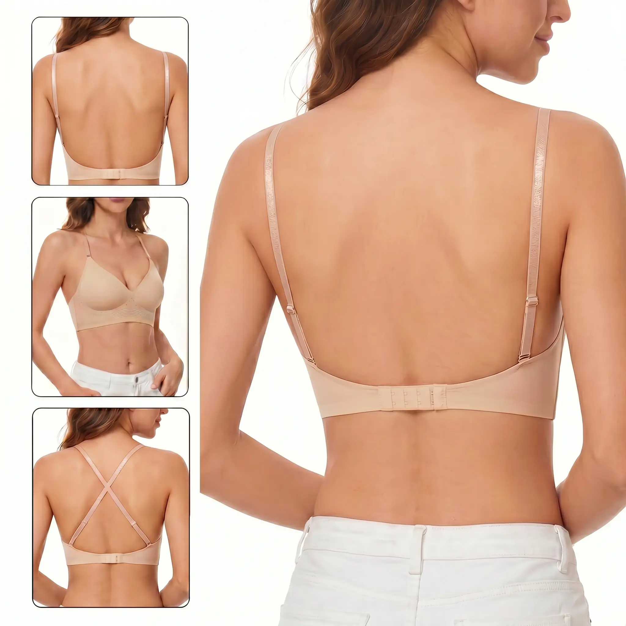 LUCKMEEY Low Back Backless Bras for Women Seamless Invisible Backless Bra Lightly Lined Demi Multiway Bra Multiway Straps Convertible Halter Bra Everyday
