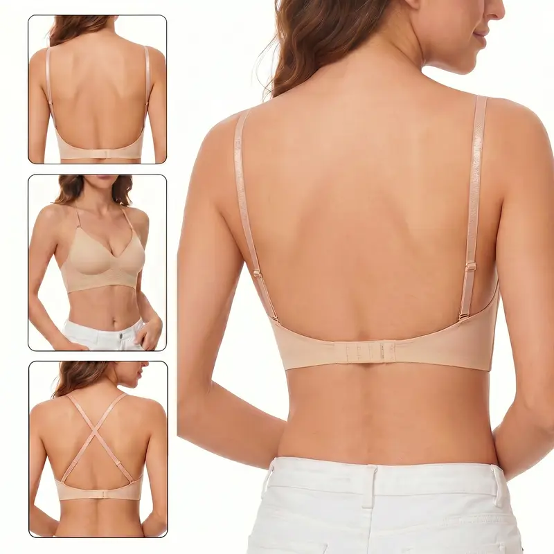 LUCKMEEY Deep V Low Back Backless Bra for Small-Breasted Women (30A–36C Cups), Seamless Invisible Bra, Lightly Lined Demi Bra with Convertible Halter Straps for Backless Dresses & Special Occasions