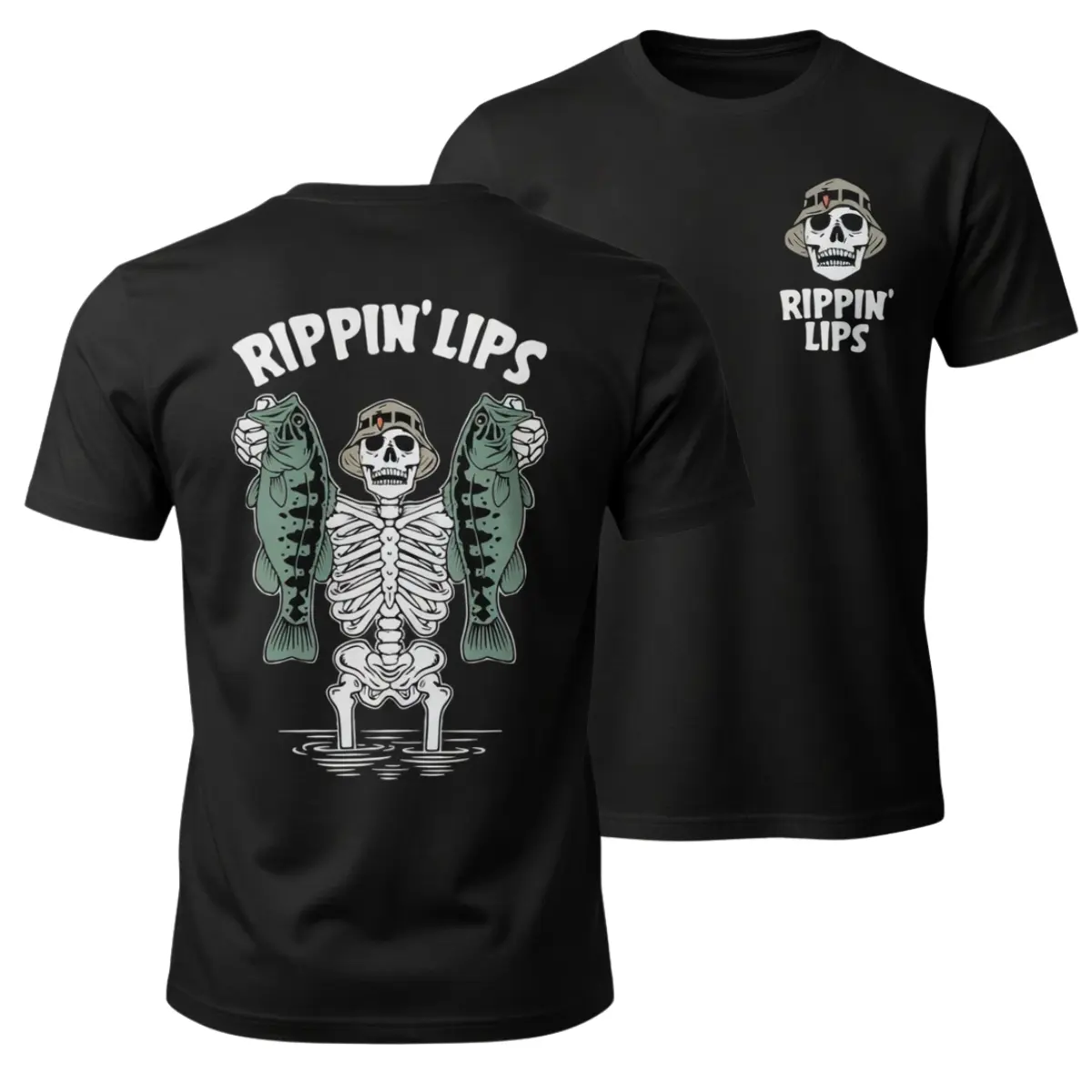 Rippin’ Lips Bass Fishing T-Shirt, Funny Skeleton Fisherman Graphic Tee, Bass Angler Shirt for Men, Skull Fishing Graphic Shirt, Outdoors Fisher Dad Gift