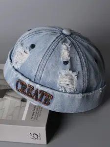 Elegant Japanese Style Washed Denim Cap with Hole Design, Fashionable Letter Embroidery Beanie Hat, Unisex Trendy Flat Top Hat, Adjustable Snapback Cap, Custom Embroidered Hat