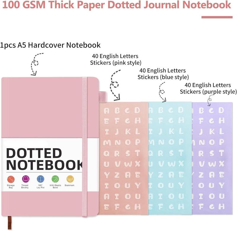 Dotted Journal Bullet Notebooks with Pen Loop, Hardcover Leather Notebook, 100Gsm Premium Thick Paper with Inner Pocket, Stickers, A5, 5.7 x 8.3 inches, Best Gift