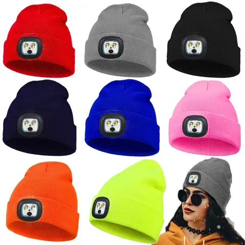 Unisex Knitted Hat with LED Light, Cat Eye LED Headlamp Cap, Beanie, Ideal for Night Walking, Fishing, Camping, Hunting