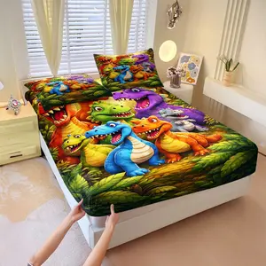 Dinosaur-themed printed 3 Pcs fitted sheet set, including 2 coreless pillowcases, strong wrapping, features a jungle background & various dinosaur patterns in multiple colors, soft & comfortable bedding for the bedroom, available in multiple styles.