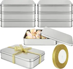 8 Pack Empty Tins Box with Lid - Cookie Tins Silver Rectangular Tin Box Lids for Treats, Gifts, Favors, Candle and Crafts (6.2 x 4.3 x 1.4 Inches)