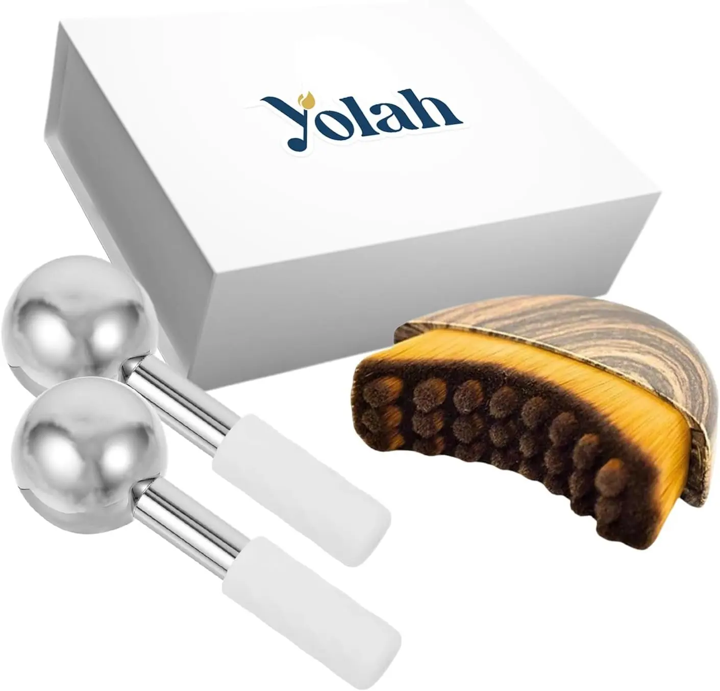 YOLAH Luxury Stainless Steel Ice Globes & Lymphatic Contour Face Brush Set - Facial Sculpting Massage Tool for Puffy Eyes, Dark Circles, Wrinkles, Skin Tightening, Smooth Therapy, Radiance Restore & Home Spa Relaxation