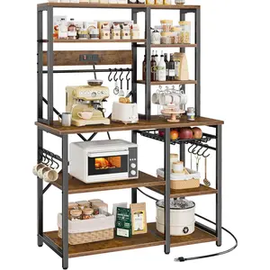 Large Bakers Rack with Power Outlets, 6-Tier Microwave Stand, Coffee Bar with 12 S-Shaped Hooks, Kitchen Shelf with Wire Basket, 39.3 x 15.5 x 66.9 Inches, Rustic Brown