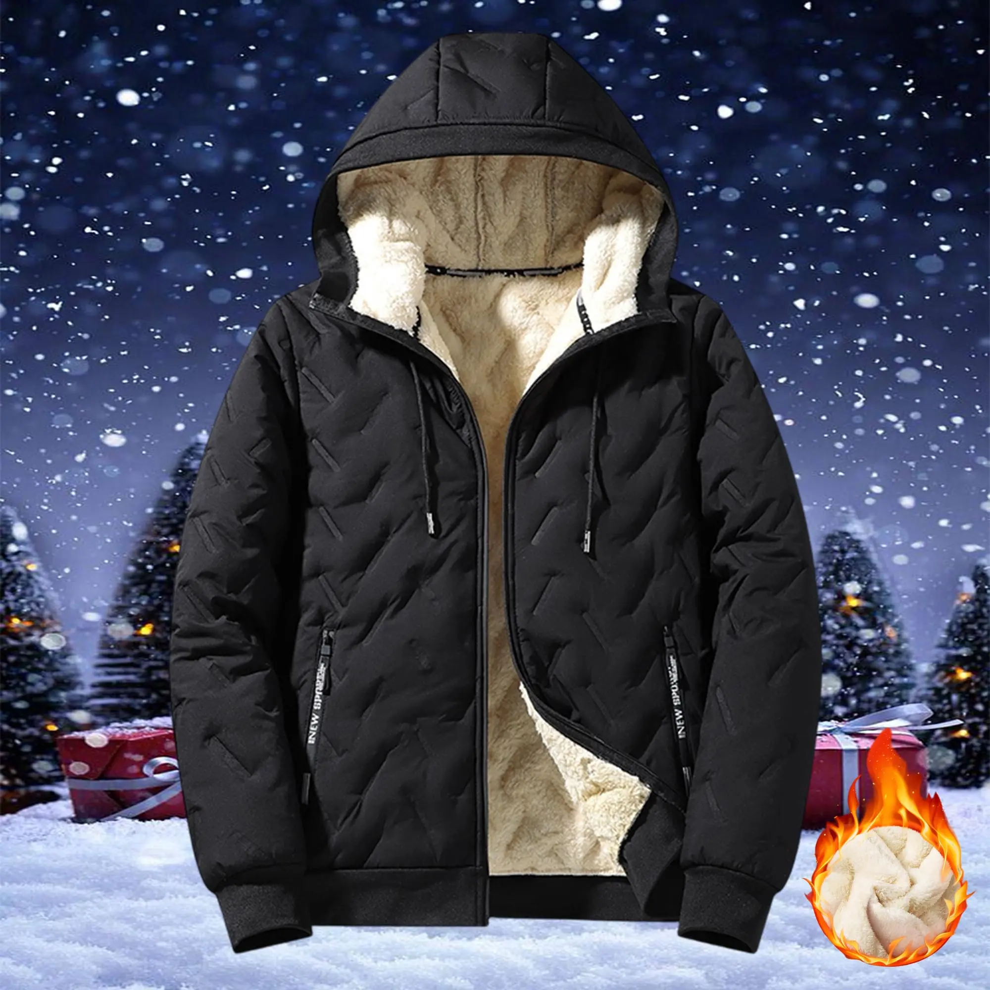 Men’s hooded winter jacket with thickened fleece lining for warmth; cold-resistant cotton coat suitable for severe snow conditions, featuring zippered pockets and a casual design.